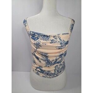 Cider NWT Blue Cream Toile Ruched Square Neck Tank Top Small